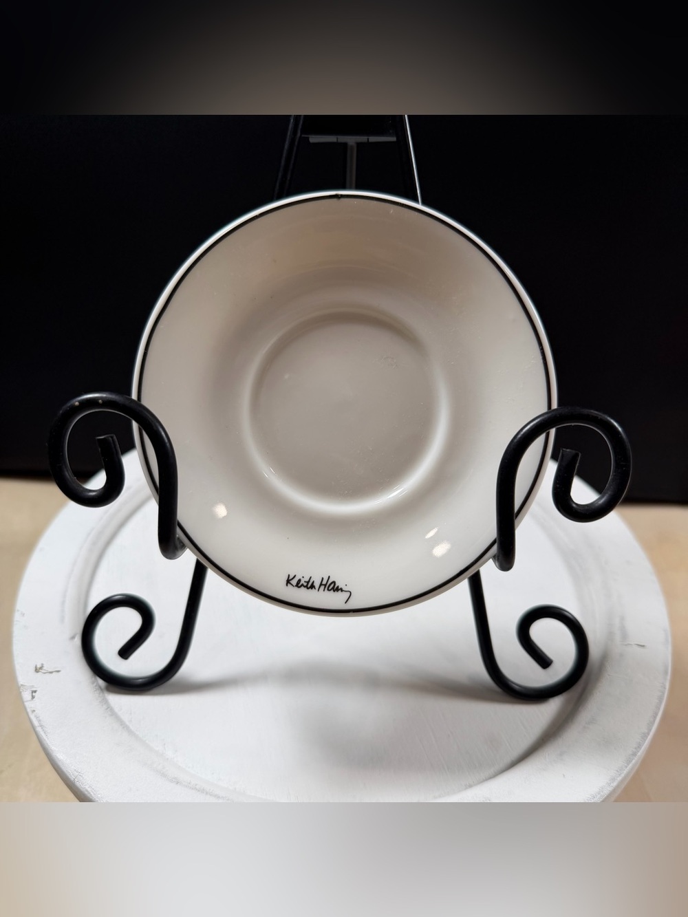 Set Of 2 Keith Haring White Porcelain Coffee Saucers With Black Rim